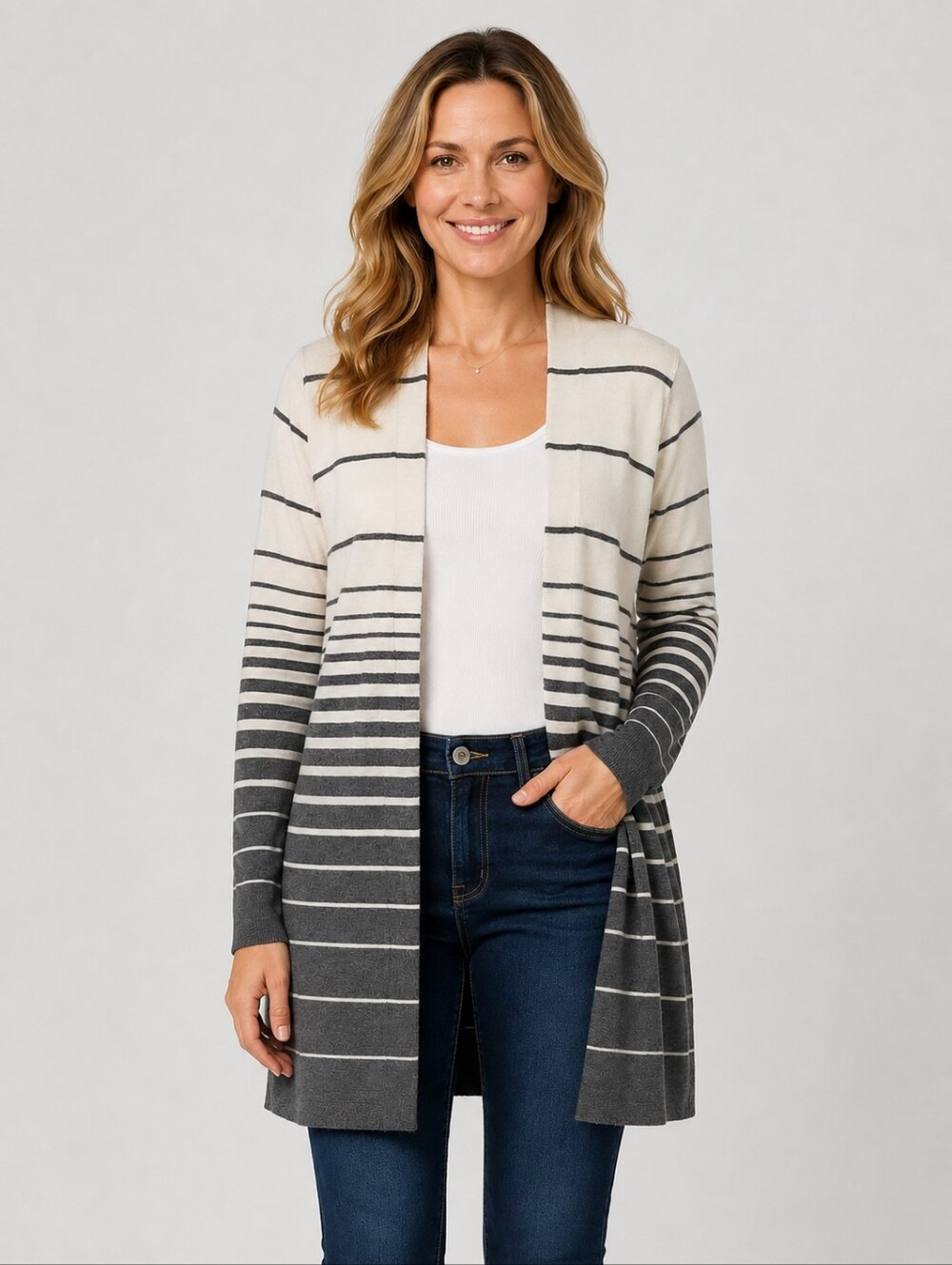 Cynthia Rowley Women's Extrafine Merino Wool Open Front Cardigan Grey Striped M